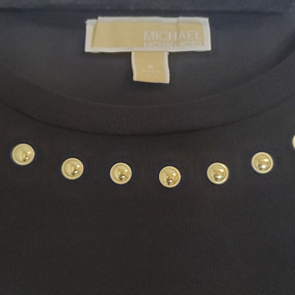 Michael Kors Size S, Black slinky soft knit 3/4 sl dress w/gold grommet trim - Picture 2 of 9